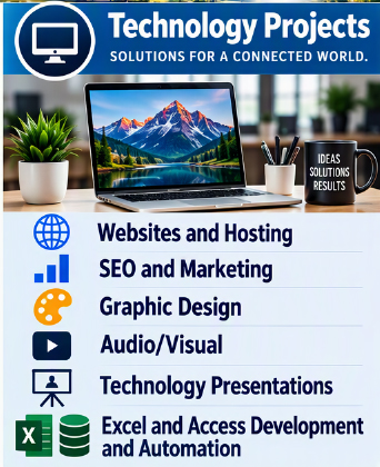 Websites,
                                Hosting, Dom,ain, SEO, Online Marketing,
                                Graphic Design, Audio, Visual, Video,
                                Technology Presentations, Professional
                                Speaker, Excel Development, Excel
                                Repair, Microsot Access Development,
                                Microsoft Access Repair